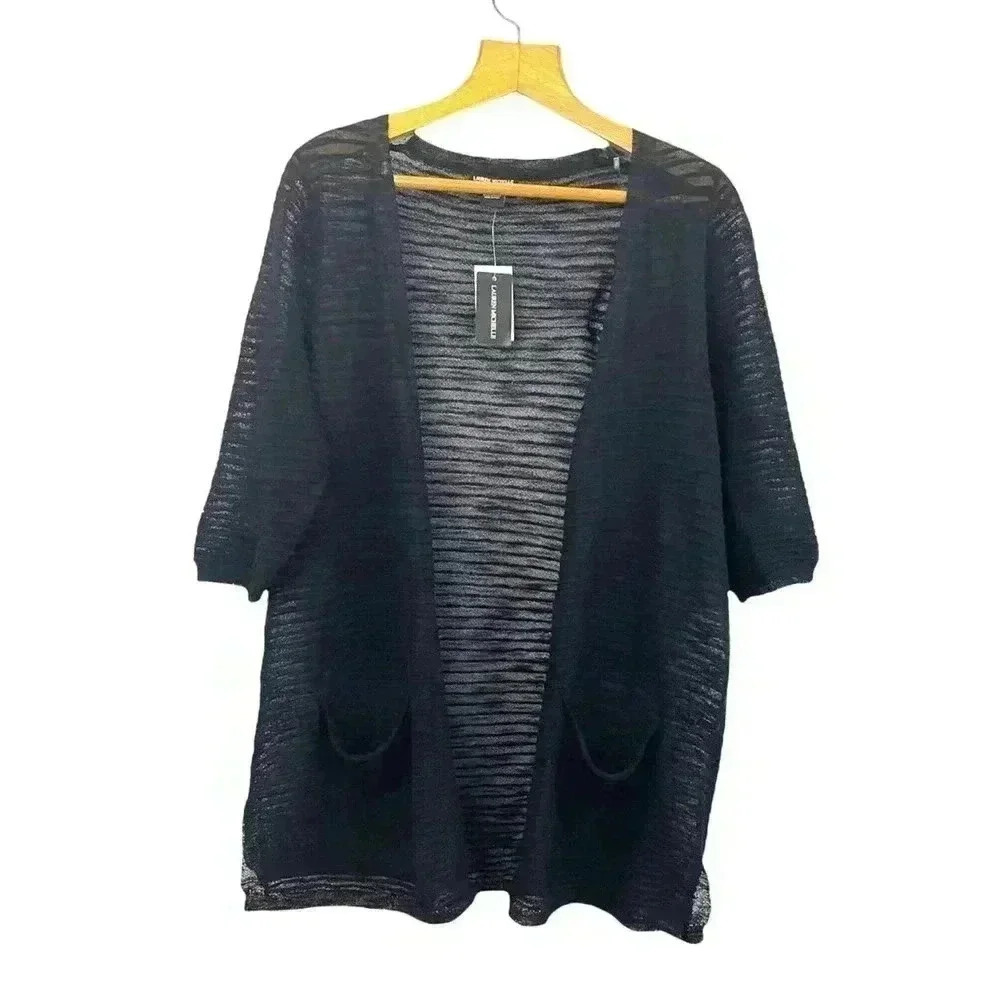 Lauren‎ Michelle Women's Black Sheer Textured Cardigan Sz Medium Open Front